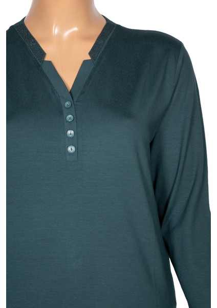 Cimariva Kadın Neval Büyük Beden V Yaka Taşlı Koyu Turkuaz Bluz fiyatları