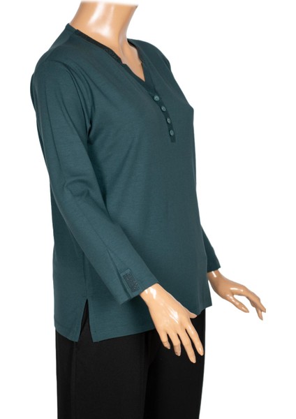 Cimariva Kadın Neval Büyük Beden V Yaka Taşlı Koyu Turkuaz Bluz modelleri