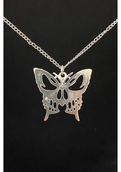 Paslanmaz Çelik Retro Vintage Aesthetic Grey Butterfly Zincirli Kolye