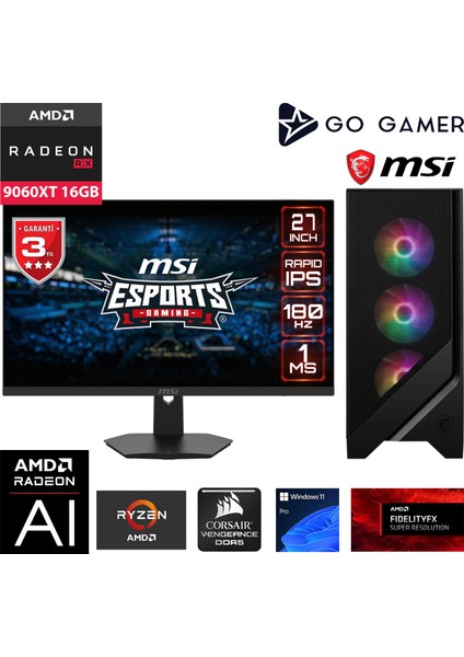 GA204DX Amd Ryzen 5 7400F / 32GB Ddr5 6000MHZ / 1tb Nvme SSD 5000-3600MB-SN Gen4 / RX9060XT 16GB / Msı 27" 180Hz. / Windows 11 Pro Masaüstü Bilgisayar