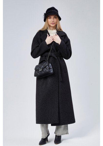 Siyah Buklet Kaşe Oversize Kaban