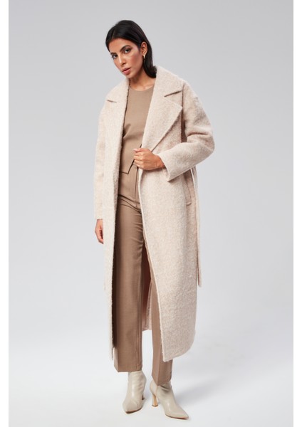 Bej Buklet Kaşe Oversize Kaban