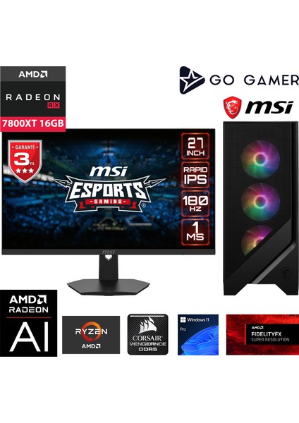 GA2140D Amd Ryzen 9 9900X3D / 32GB Ddr5 6000MHZ / 1tb Nvme SSD 5000-3600MB-SN Gen4 / RX7800XT 16GB / 240MM Sıvı Soğutma / Msı 27" 180Hz. / Windows 11 Pro Masaüstü Bilgisayar