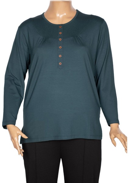 Cimariva Kadın Arsu Büyük Beden Robalı Süs Düğmeli Koyu Turkuaz Bluz