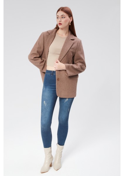 Kruvaze Yaka Regular Fit Kaşe Ceket