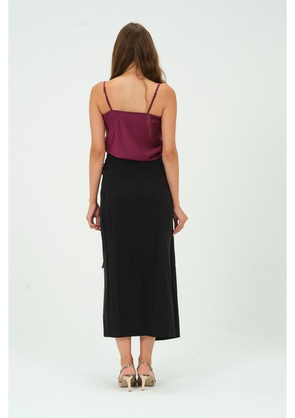 Kadın Belden Bağlama Detaylı Keten Midi Uzun Etek