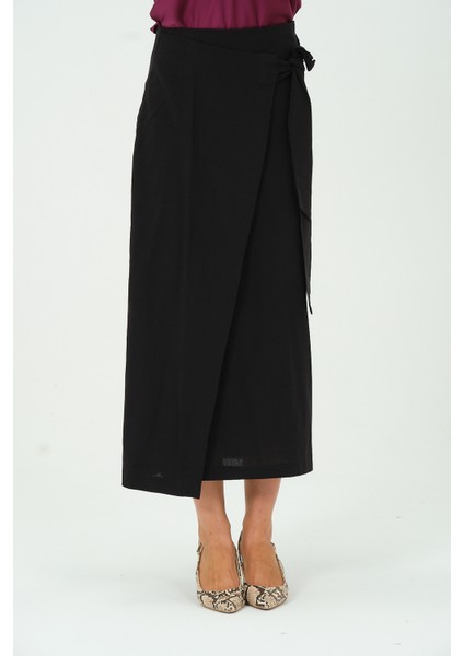 Kadın Belden Bağlama Detaylı Keten Midi Uzun Etek