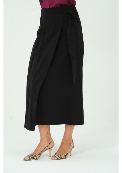 Kadın Belden Bağlama Detaylı Keten Midi Uzun Etek