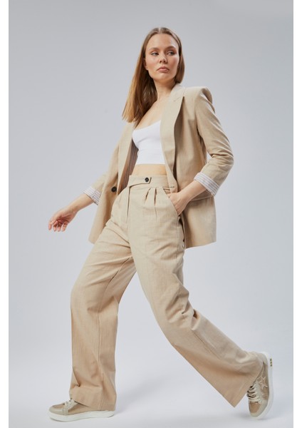 Kadın Keten Karışımlı Bol Paça Dokuma Pantolon