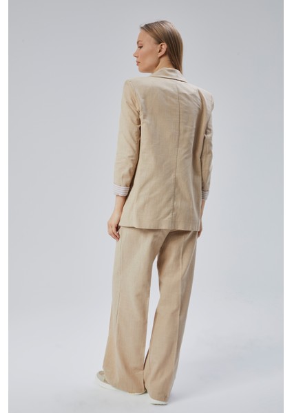 Kadın Keten Karışımlı Bol Paça Dokuma Pantolon