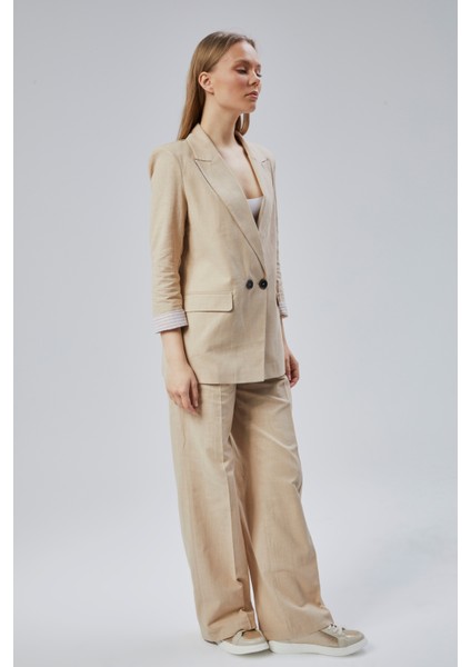 Kadın Keten Karışımlı Bol Paça Dokuma Pantolon