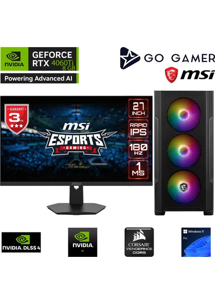 GA1913D Amd Ryzen 9 9900X / 32GB Ddr5 6000MHZ / 1tb Nvme SSD 5000-3600MB-SN Gen4 / RTX4060TI 8gb / 240MM Sıvı Soğutma / Msı 27" 180Hz. / Windows 11 Pro Masaüstü Bilgisayar
