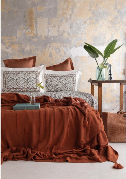 Çift Kişilik Trıkolu Battanıyelı Set Stampıno Terracotta - Nevresım