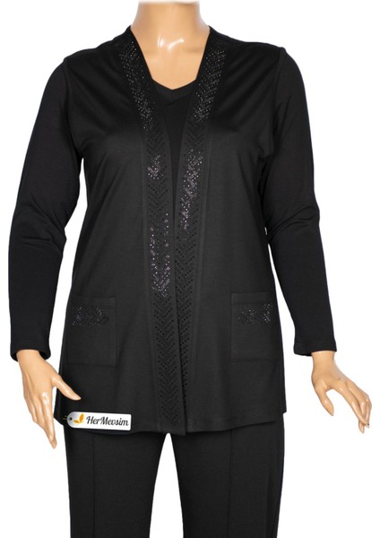 Hesna Kadın Tansu Taşlı Cepli Penye Siyah Yelek