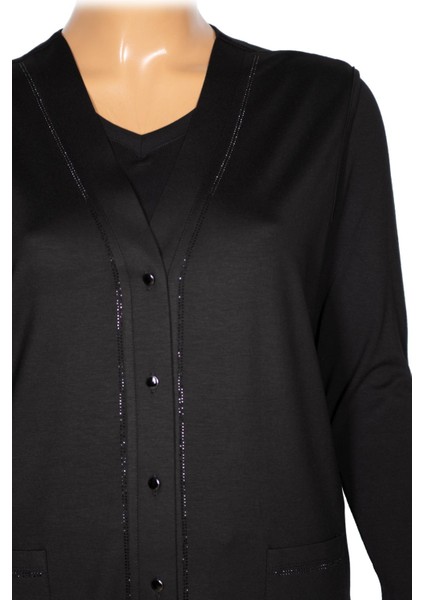 Kadın Siyah Penye Yelek V Yaka Beş Düğmeli Cepli Rahat Tasarım fiyatları