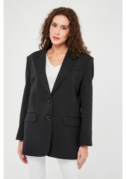 Siyah Kadın Düğmeli Blazer Ceket