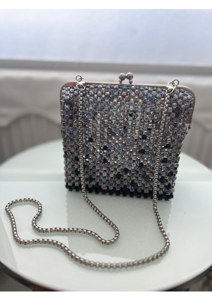 Kadın Abiye Çanta Kristal Taşlı Boncuk Gri Burslu