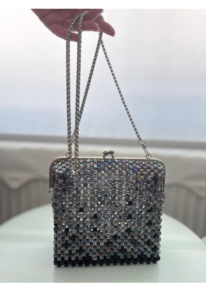 Kadın Abiye Çanta Kristal Taşlı Boncuk Gri Burslu fiyatları