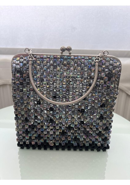 Kadın Abiye Çanta Kristal Taşlı Boncuk Gri Burslu indirimleri