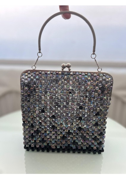 Kadın Abiye Çanta Kristal Taşlı Boncuk Gri Burslu