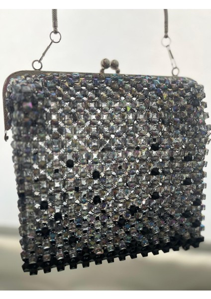 Kadın Abiye Çanta Kristal Taşlı Boncuk Gri Burslu