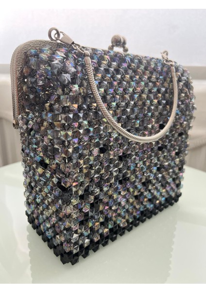 Kadın Abiye Çanta Kristal Taşlı Boncuk Gri Burslu