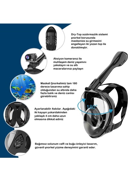 Tam Yüz 180° Panoramik Şnorkel Dalış Maskesi –kamera Montajlı, Buğu Önleyici Fullface Şnorkel fiyatları