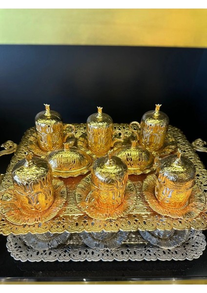 6 Kişilik Gold Kare Bakır Osmanlı Desenli Türk Kahvesi Fincan Takımı Tepsi Lokumluk Fincan Seti