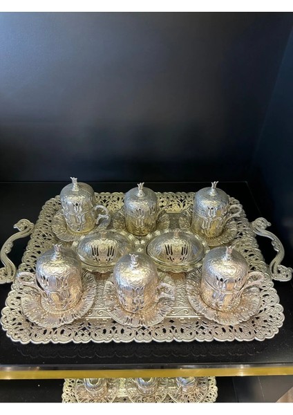 6 Kişilik Gümüş Kare Bakır Osmanlı Desenli Türk Kahvesi Fincan Takımı Tepsi Lokumluk Fincan Set