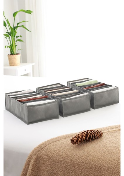 3'lü Set Gri 7 Bölmeli Dolap Çekmece Içi Akordiyon Tipi Katlanır Çamaşır Düzenleyici Organizer