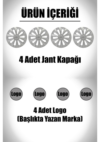 Renault Kangoo Trafic Master 16" Inç Uyumlu 4 Adet 1 Takım Gri Kırılmaz Jant Kapağı