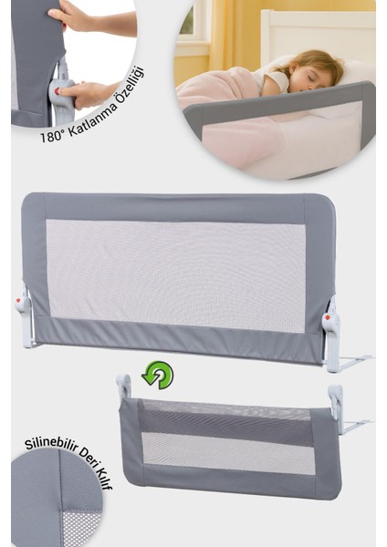 Premium 150X65 cm Deri Kılıflı Yatak Bariyeri, Katlanır Yatak Korkuluğu, Gri