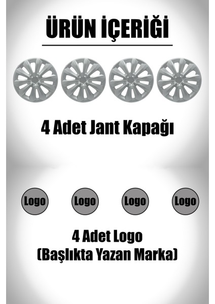 Peugeot 206 207 208 15" Inç Uyumlu 4 Adet 1 Takım Gri Kırılmaz Jant Kapağı