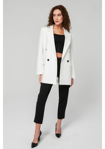 Ekru Regular Astarlı Kruvaze Kapama Dokuma Blazer Ceket