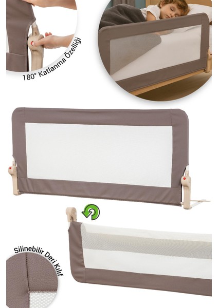 Premium 150X65 cm Deri Kılıflı Yatak Bariyeri, Katlanır Yatak Korkuluğu, Kahve