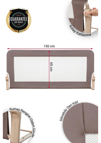 Premium 150X65 cm Deri Kılıflı Yatak Bariyeri, Katlanır Yatak Korkuluğu, Kahve modelleri