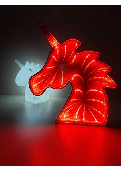 Beyaz Unicorn ve Kırmızı Aynalı Led'li Unicorn Kutusu Gece Lambası