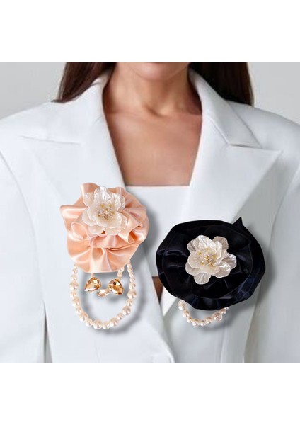 2 Li Pudra ve Siyah Saten Gül Broş, Yaka Iğnesi, Yaka Çiçeği