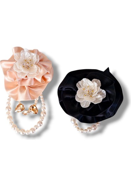 2 Li Pudra ve Siyah Saten Gül Broş, Yaka Iğnesi, Yaka Çiçeği fırsatları