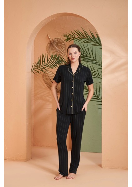 Pjs 27042 Kadın Kısa Kol Çizgili Önü Düğmeli Pijama Takımı