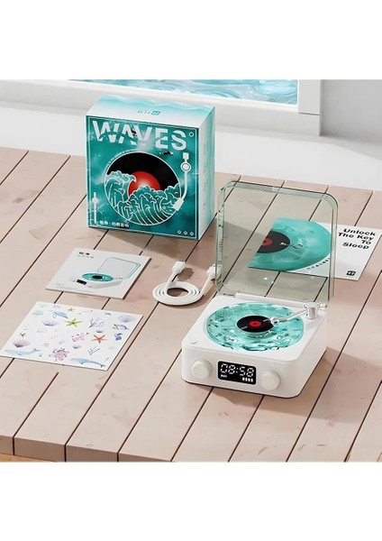 Waves Nostalji Plak Görünümlü Bluetooth Hoparlör 3D Ses Dalgası Retro Müzik Plak Mavi