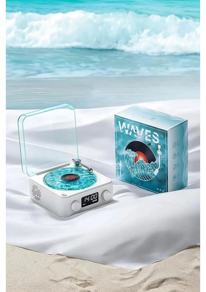 Waves Nostalji Plak Görünümlü Bluetooth Hoparlör 3D Ses Dalgası Retro Müzik Plak Mavi