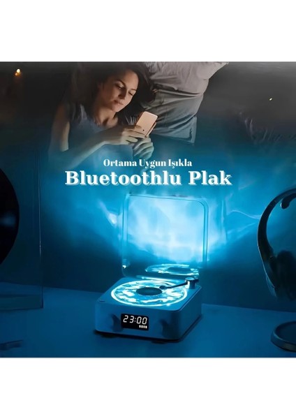 Waves Nostalji Plak Görünümlü Bluetooth Hoparlör 3D Ses Dalgası Retro Müzik Plak Mavi