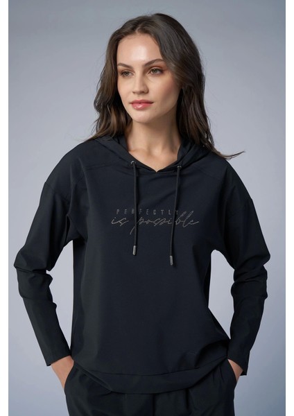 Kadın Siyah Ince Hafif Ince Kumaşlı Sweatshırt 4168
