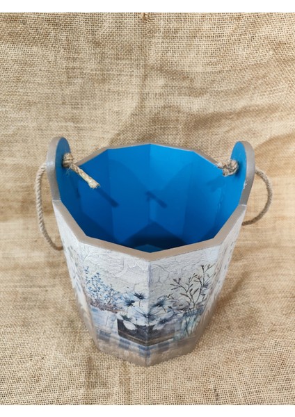 Ahşap Dekoratif Kova Saksı Ev Bahçe Balkon Duvara Asılabilen Çiçek Desenli Mavi El Yapımı Kova