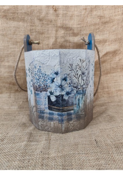 Ahşap Dekoratif Kova Saksı Ev Bahçe Balkon Duvara Asılabilen Çiçek Desenli Mavi El Yapımı Kova fiyatları