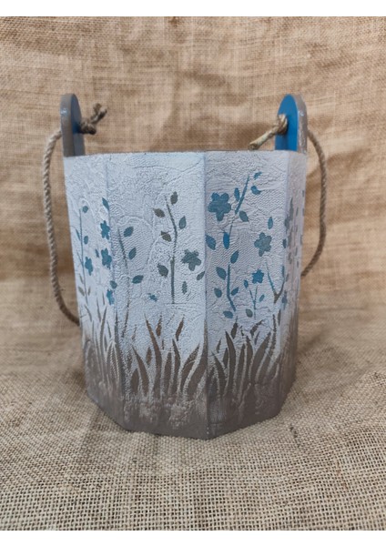 Ahşap Dekoratif Kova Saksı Ev Bahçe Balkon Duvara Asılabilen Çiçek Desenli Mavi El Yapımı Kova modelleri