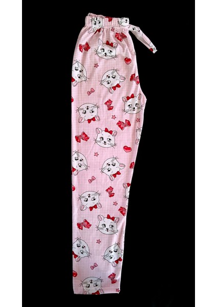 Pijama Alt Pembe Kumaş Üzerine Kurdaleli Sevimli Kedicik Desenli BK1000019