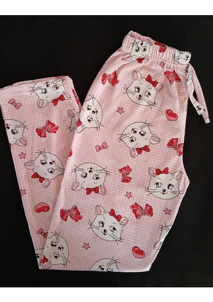 Pijama Alt Pembe Kumaş Üzerine Kurdaleli Sevimli Kedicik Desenli BK1000019 fırsatları