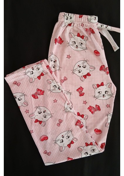 Pijama Alt Pembe Kumaş Üzerine Kurdaleli Sevimli Kedicik Desenli BK1000019 indirimleri